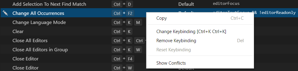 show keybinding conflicts menu